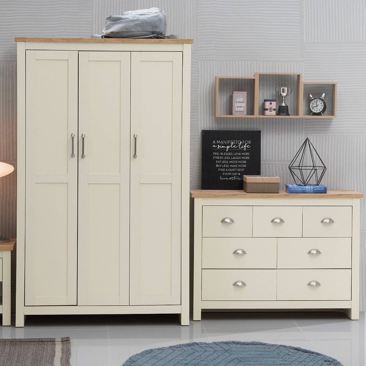 Lisbon 2 Piece Bedroom Set: 3 door wardrobe + 7 drawer chest of drawers - Price Crash Furniture