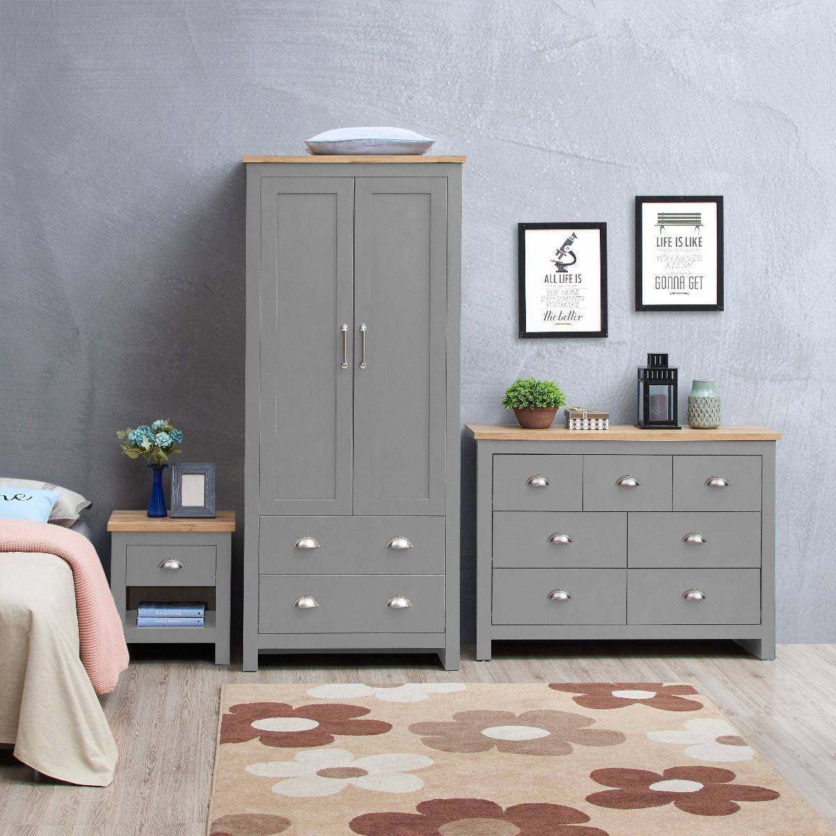 Lisbon 3 Piece Bedroom Set: 2 door + 2 drawer wardrobe + 4 drawer chest + 1 drawer bedside - Price Crash Furniture