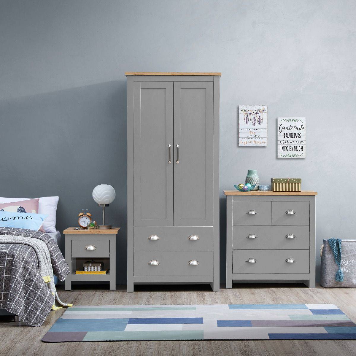 Lisbon 3 Piece Bedroom Set: 2 door / 2 drawer wardrobe + 7 drawer chest + 1 drawer bedside - Price Crash Furniture