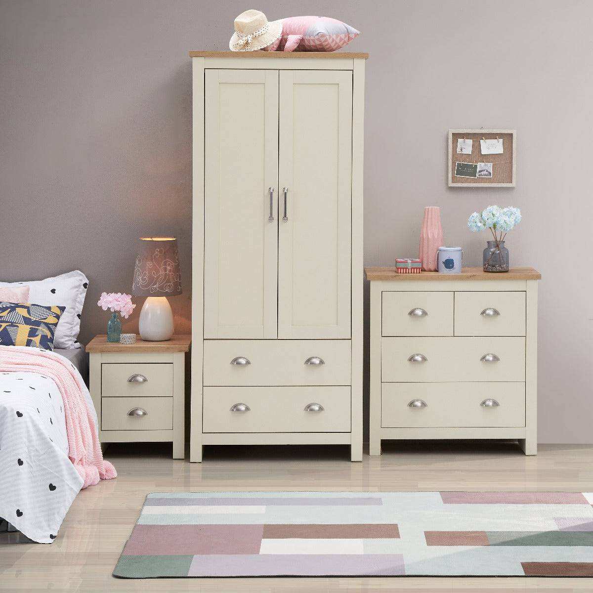 Lisbon 3 Piece Set: 2 door wardrobe 4 drawer chest 2 drawer bedside - Price Crash Furniture