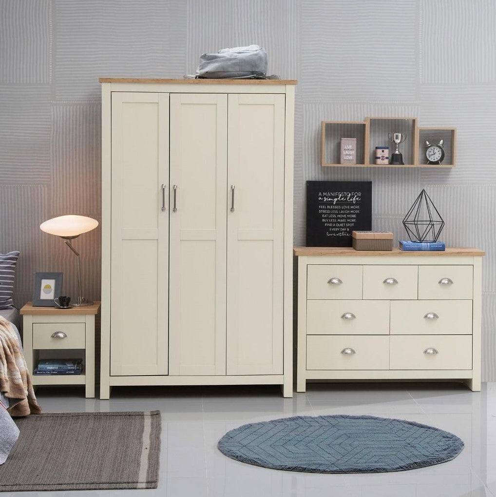 Lisbon 3 Piece Bedroom Set: 2 door wardrobe + 4 drawer chest + 2 drawer bedside - Price Crash Furniture