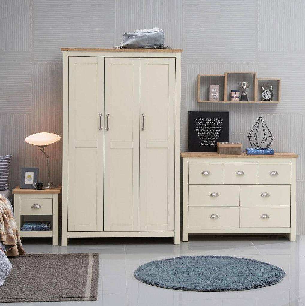 Lisbon 3 Piece Set: 3 door wardrobe 7 drawer chest 1 drawer bedside - Price Crash Furniture