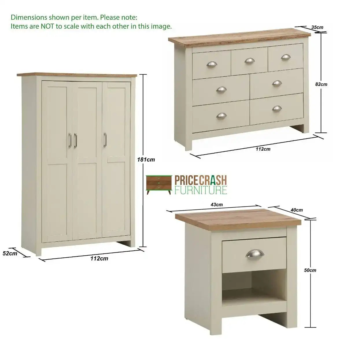 Lisbon 3 Piece Set: 3 door wardrobe 7 drawer chest 1 drawer bedside - Price Crash Furniture