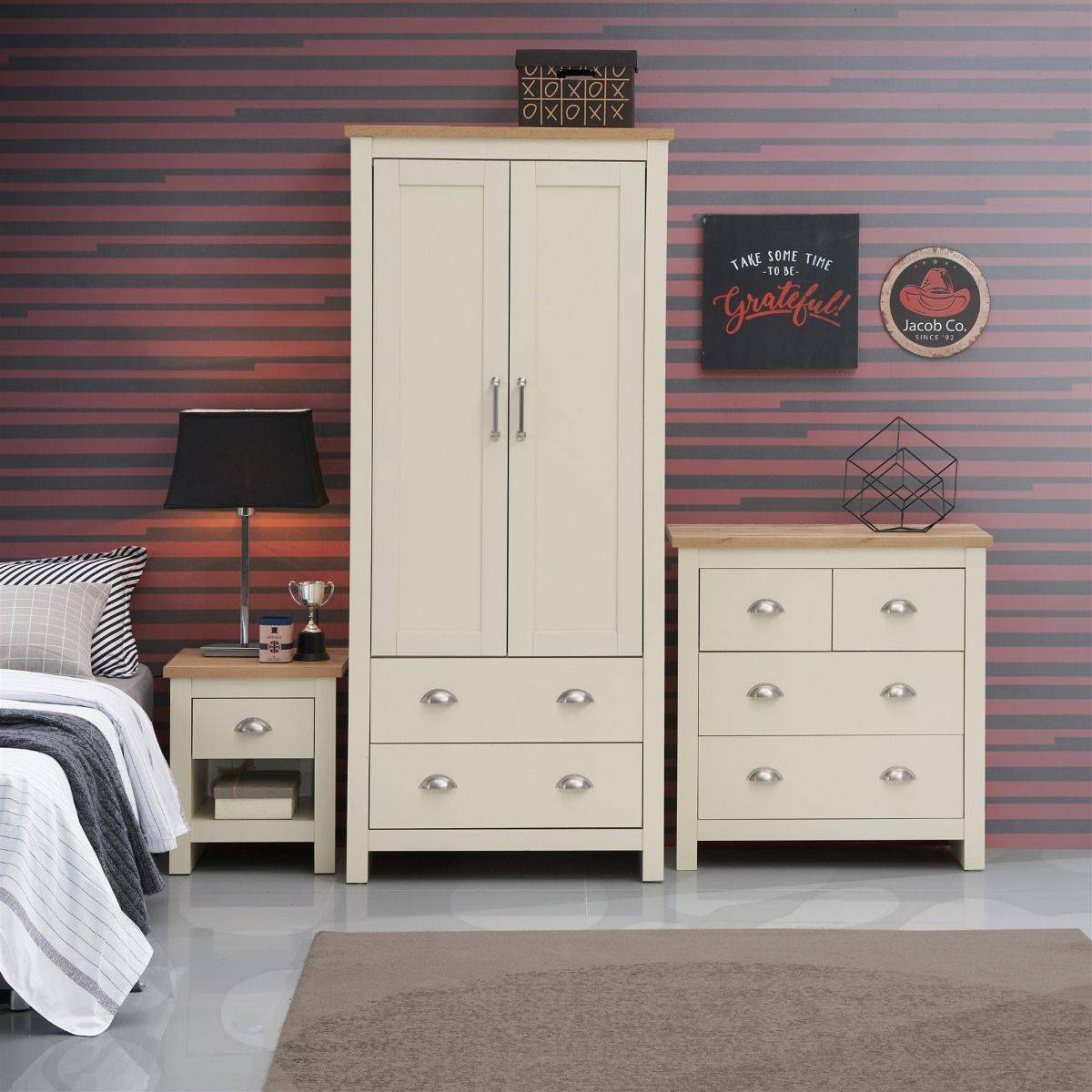 Lisbon 3 Piece Bedroom Set: 2 door wardrobe + 4 drawer chest of drawers + 1 drawer bedside table - Price Crash Furniture