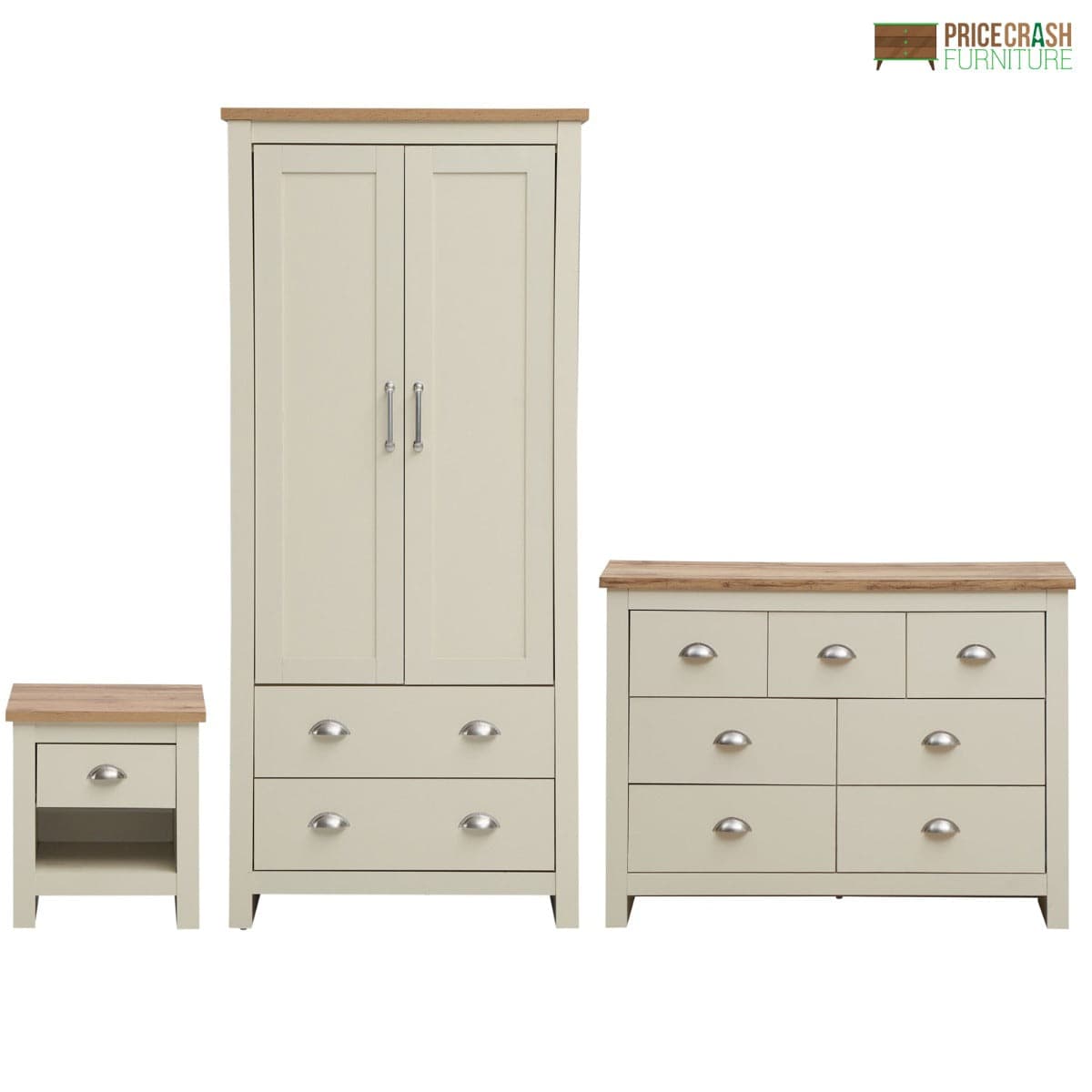 Lisbon 3 Piece Bedroom Set: 2 door wardrobe + 7 drawer chest + 1 drawer bedside - Price Crash Furniture