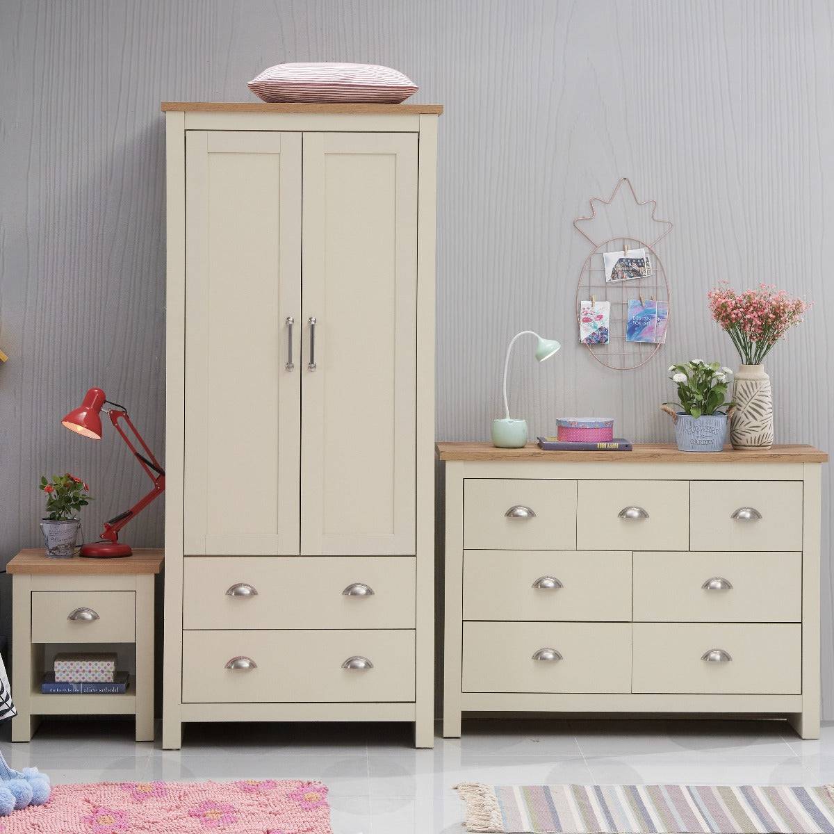 Lisbon 3 Piece Bedroom Set: 2 door wardrobe + 7 drawer chest + 1 drawer bedside - Price Crash Furniture