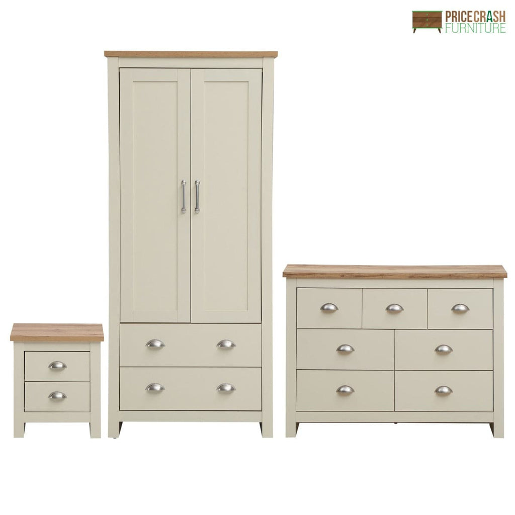 Lisbon 3 Piece Bedroom Set: 2 door wardrobe + 7 drawer chest + 2 drawer bedside - Price Crash Furniture