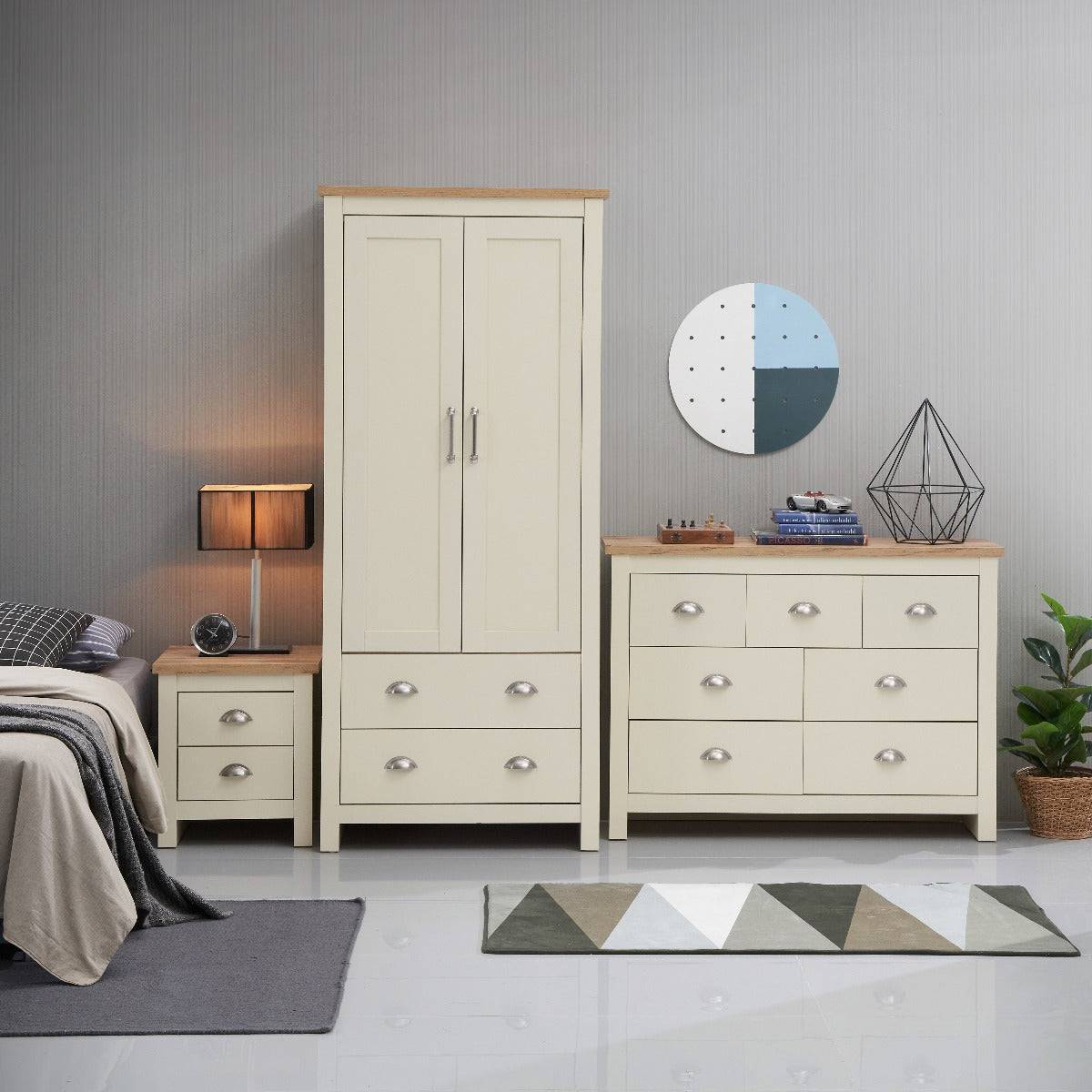 Lisbon 3 Piece Bedroom Set: 2 door wardrobe + 7 drawer chest + 2 drawer bedside - Price Crash Furniture