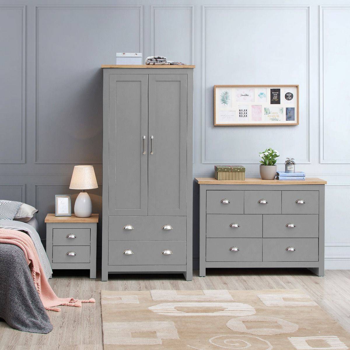 Lisbon 3 Piece Bedroom Set: 2 door wardrobe + 7 drawer chest + 2 drawer bedside - Price Crash Furniture