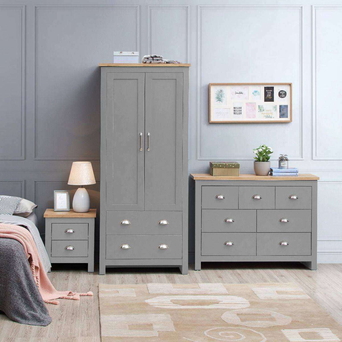 Lisbon 3 Piece Bedroom Set: 2 door wardrobe 7 drawer chest 2 drawer bedside - Price Crash Furniture