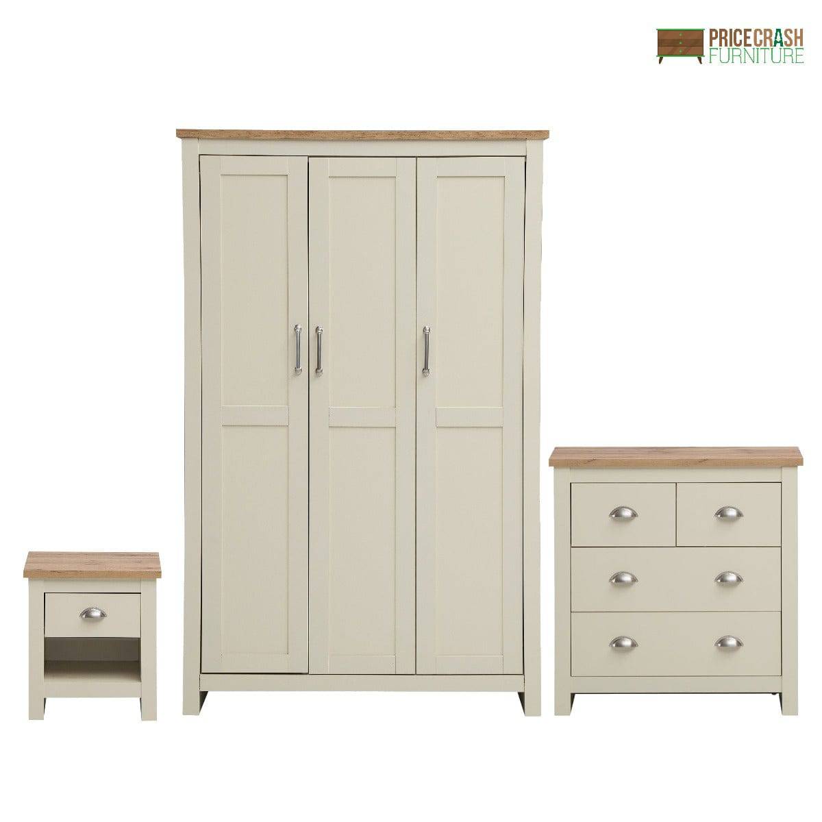 Lisbon 3 Piece Bedroom Set: 3 door wardrobe + 4 drawer chest + 1 drawer bedside - Price Crash Furniture