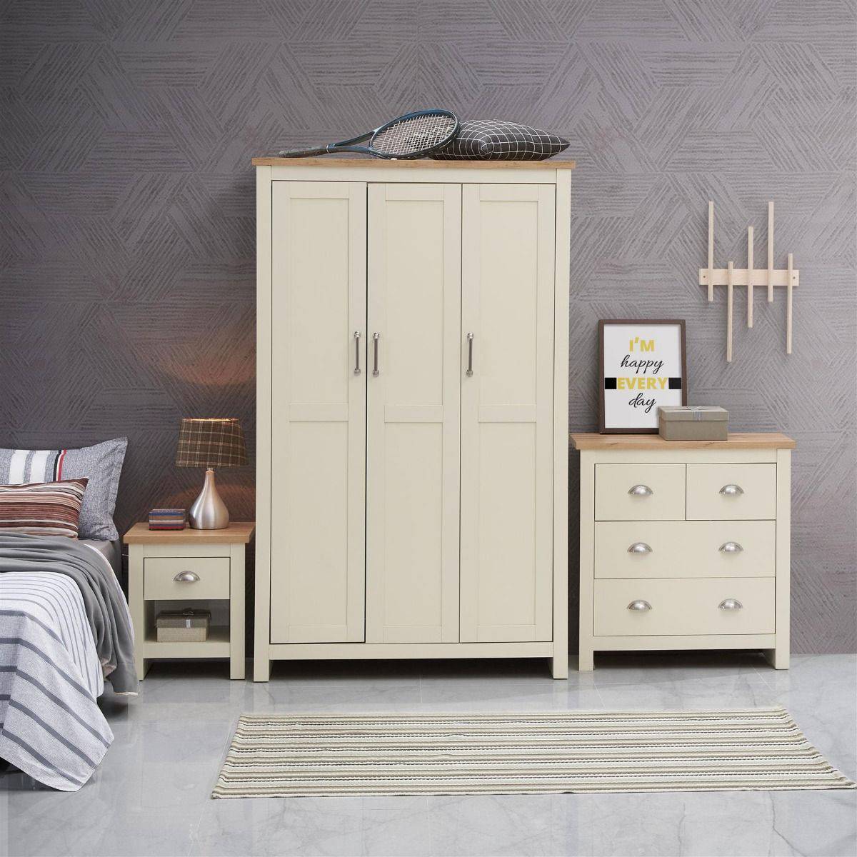 Lisbon 3 Piece Bedroom Set: 3 door wardrobe + 4 drawer chest + 1 drawer bedside - Price Crash Furniture