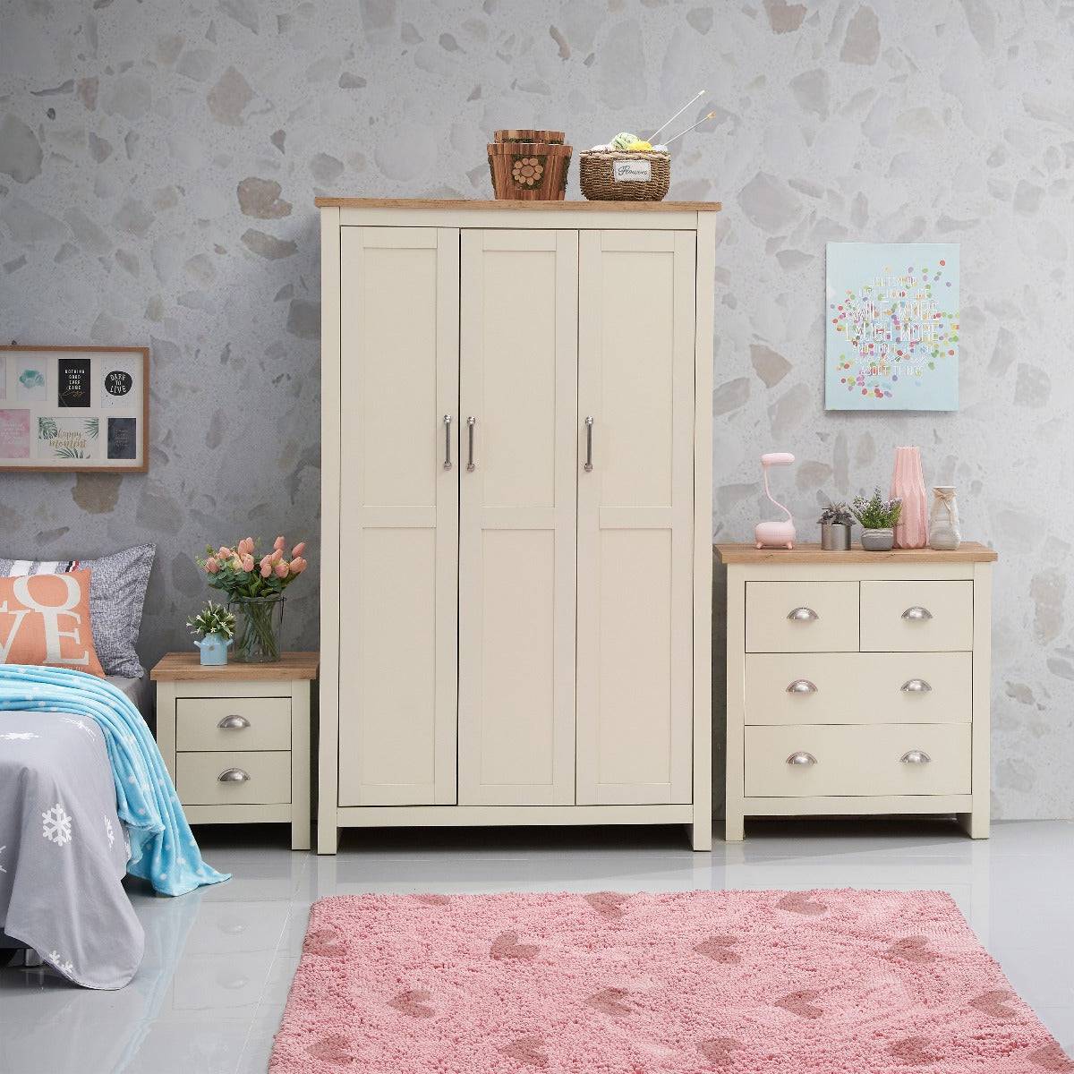 Lisbon 3 Piece Bedroom Set: 3 door wardrobe + 4 drawer chest + 2 drawer bedside - Price Crash Furniture