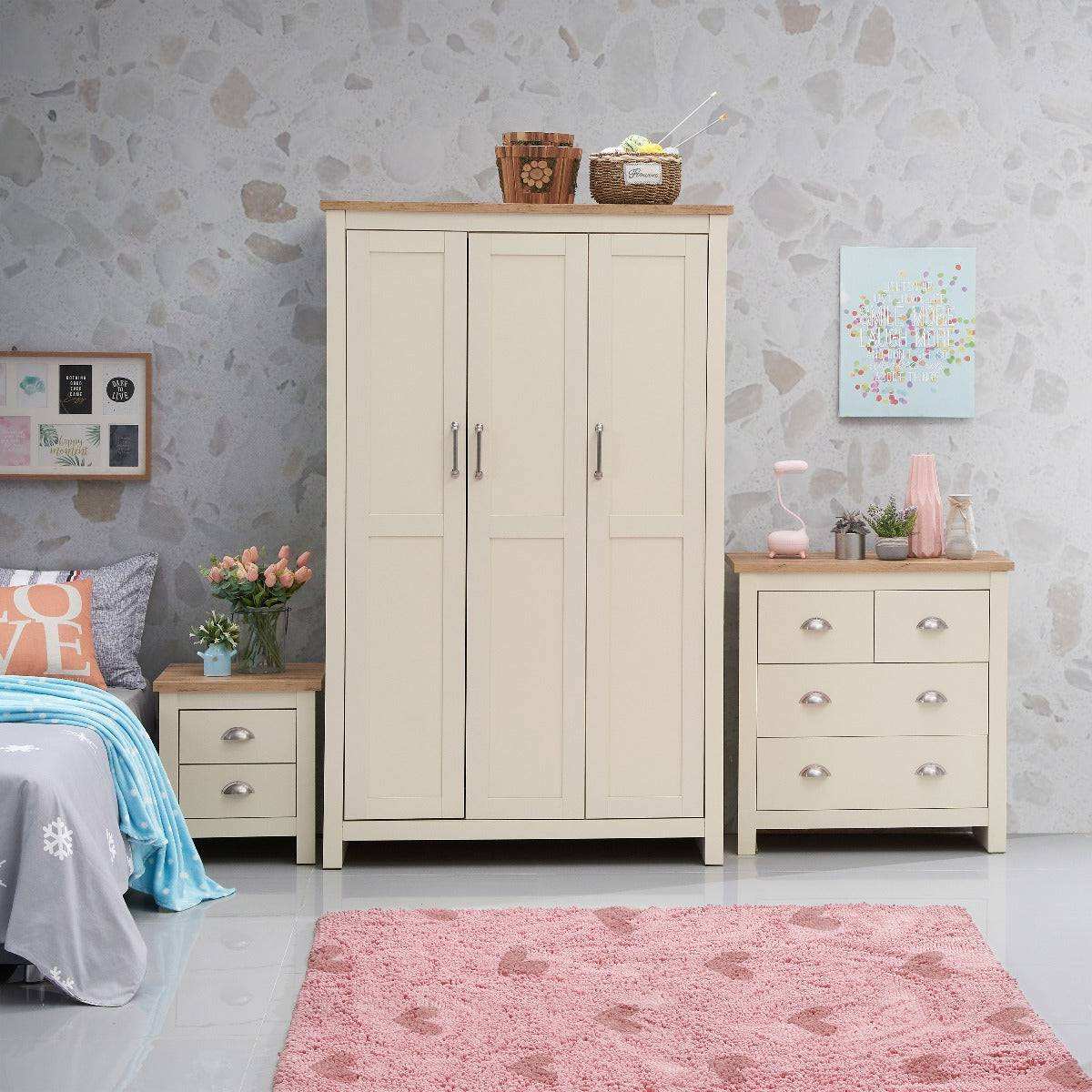 Lisbon 3 Piece Bedroom Set: 3 door wardrobe + 4 drawer chest + 2 drawer bedside - Price Crash Furniture