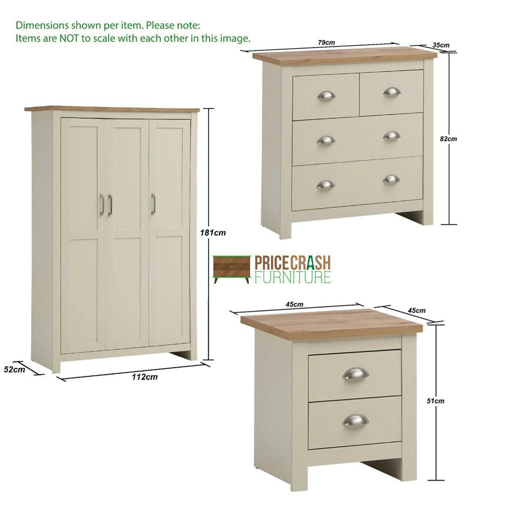 Lisbon 3 Piece Bedroom Set: 3 door wardrobe + 4 drawer chest + 2 drawer bedside - Price Crash Furniture