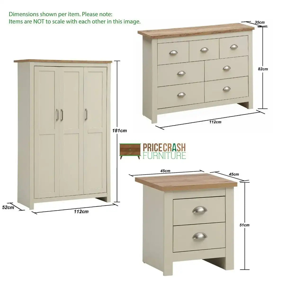 Lisbon 3 Piece Bedroom Set: 3 door wardrobe + 7 drawer chest + 2 drawer bedside - Price Crash Furniture