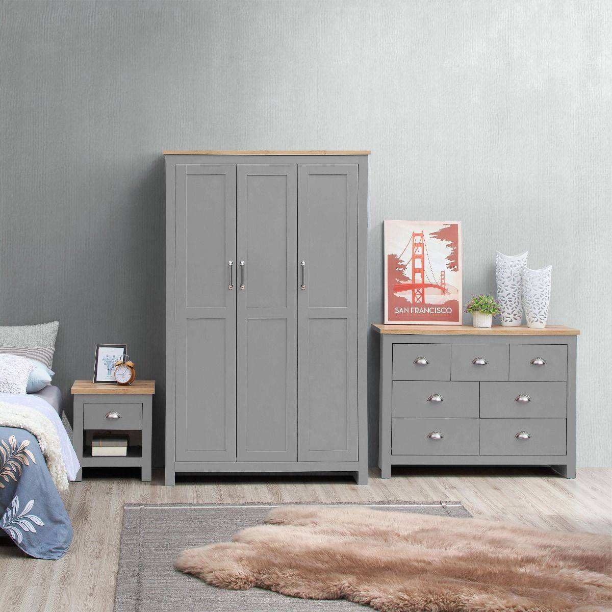 Lisbon Grey Set: 3 door wardrobe 7 drawer chest 1 drawer bedside - Price Crash Furniture