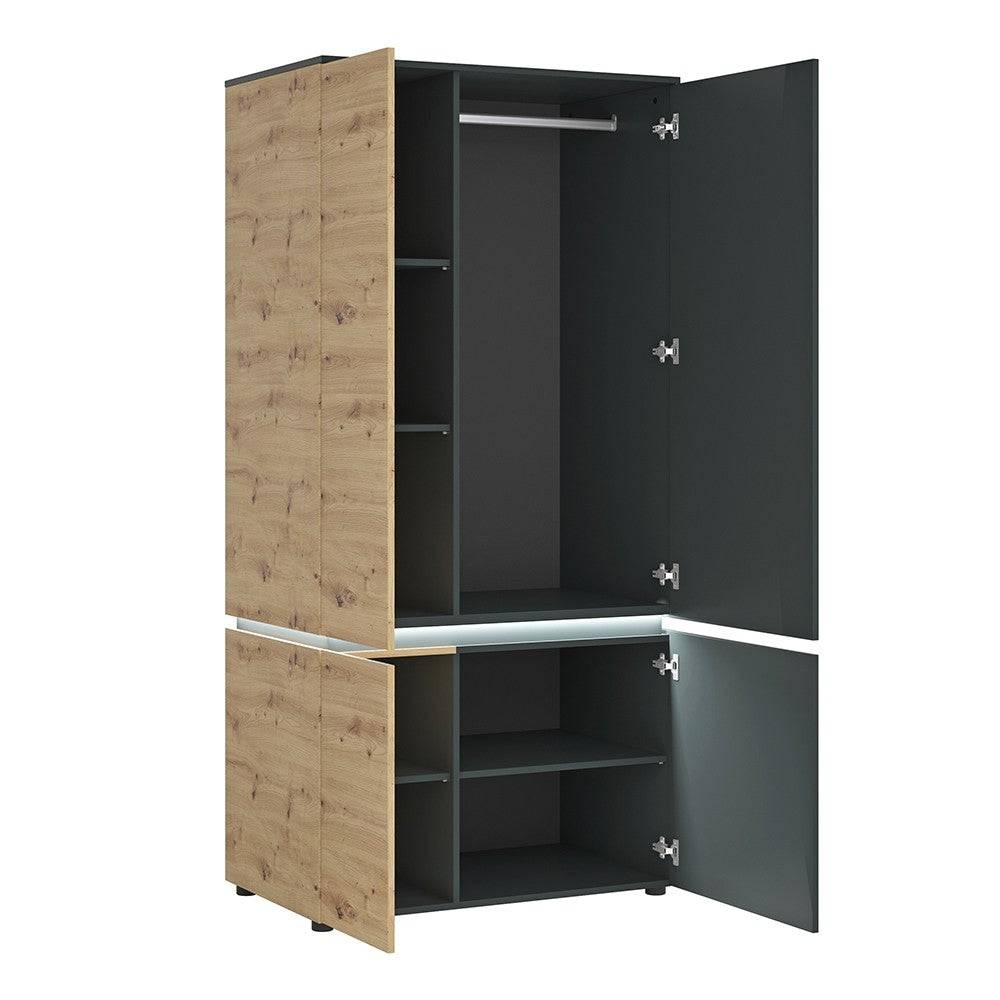 Luci 4 Door Tall Wide Cupboard Wardrobe Unit (including LED lighting) in White and Oak - Price Crash Furniture