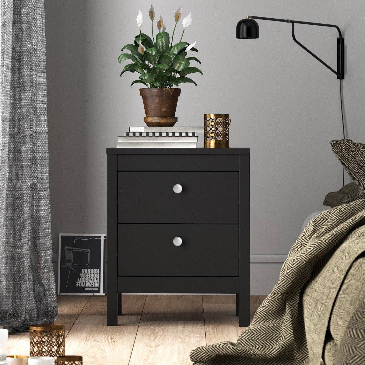 Madrid Bedside Table Cabinet with 2 Drawers in Matt Black - Price Crash Furniture