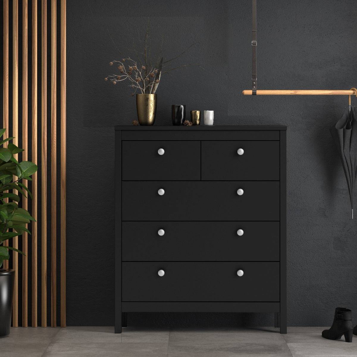 Madrid Shaker Style (3+2) 5 Drawer Chest of Drawers Unit in Matt Black - Price Crash Furniture