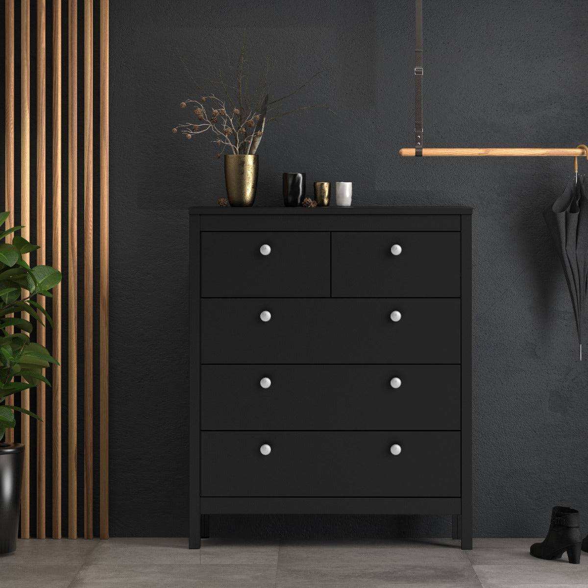 Madrid Shaker Style (3+2) 5 Drawer Chest of Drawers Unit in Matt Black - Price Crash Furniture