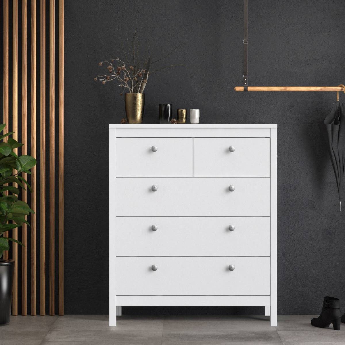 Madrid Shaker Style 3+2 5 Drawer Chest of Drawers Unit in White - Price Crash Furniture