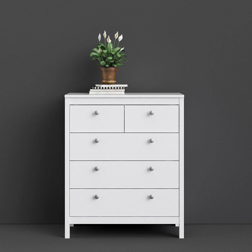 Madrid Shaker Style 3+2 5 Drawer Chest of Drawers Unit in White - Price Crash Furniture