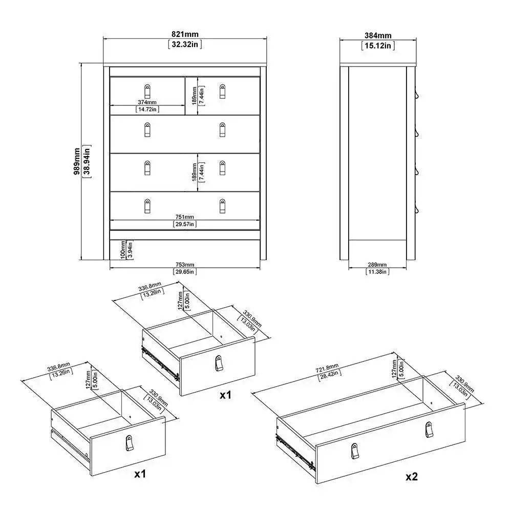 Madrid Shaker Style 3+2 5 Drawer Chest of Drawers Unit in White - Price Crash Furniture