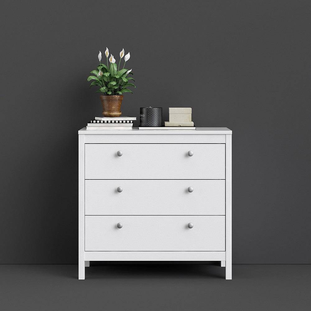 Madrid Shaker Style 3 Drawer Chest of Drawers Unit in White - Price Crash Furniture