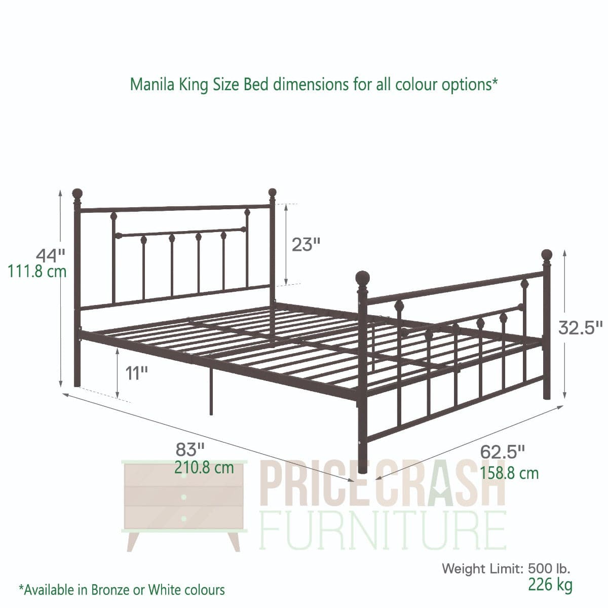 Manila UK King Size Bed (USA Queen Size) in White Metal by Dorel - Price Crash Furniture