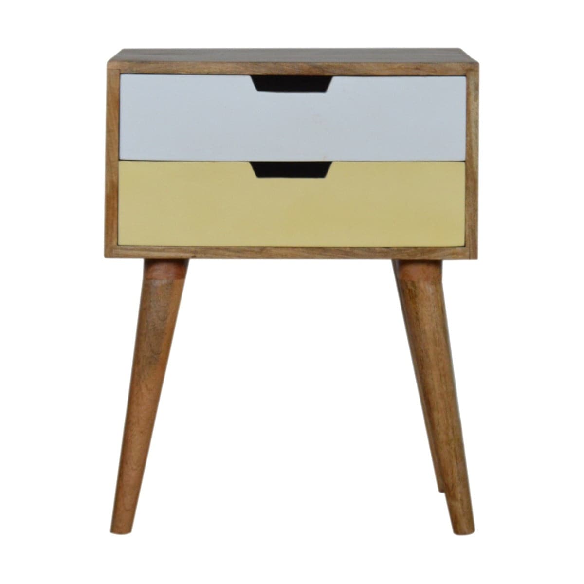 Mustard yellow & White 2 Drawer Bedside Table in Oak-effect Mango Wood - Price Crash Furniture