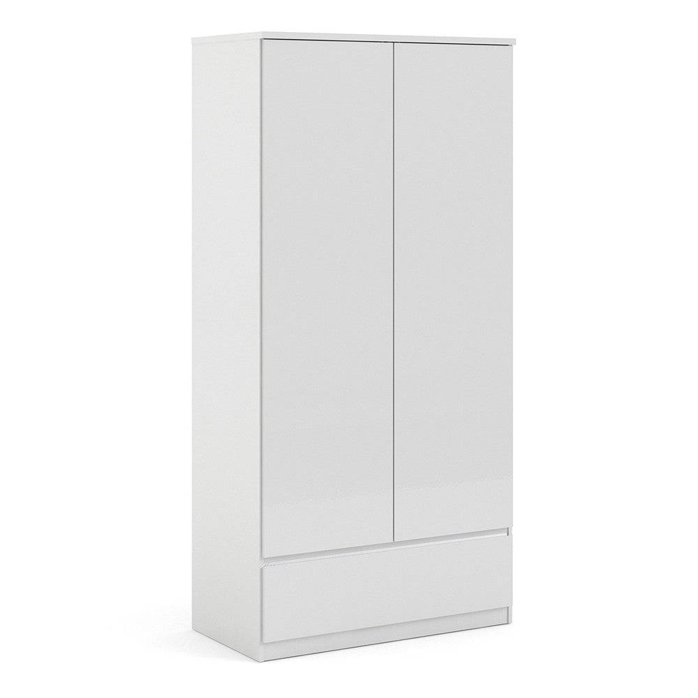 Naia 2 Door 1 Drawer Wardrobe in White High Gloss - Price Crash Furniture