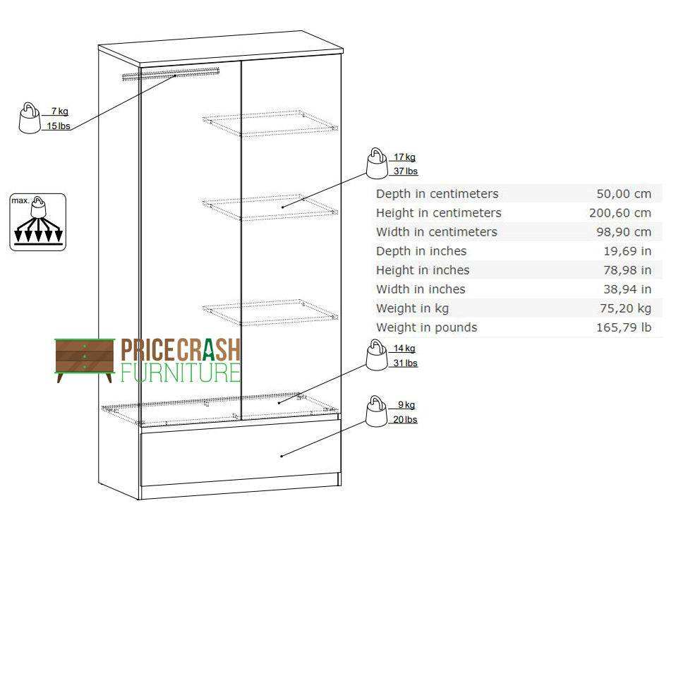 Naia 2 Door 1 Drawer Wardrobe in White High Gloss - Price Crash Furniture