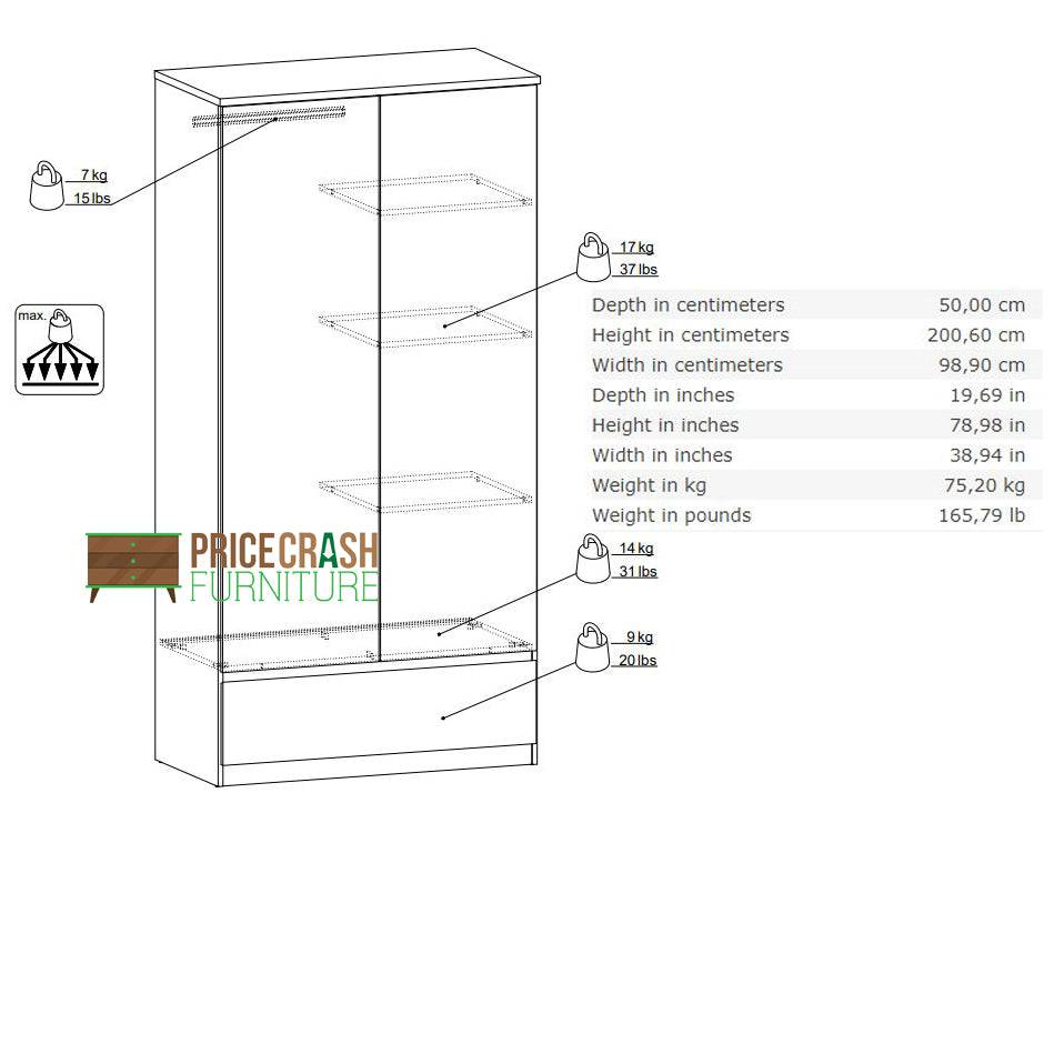 Naia 2 Door 1 Drawer Wardrobe in White High Gloss - Price Crash Furniture