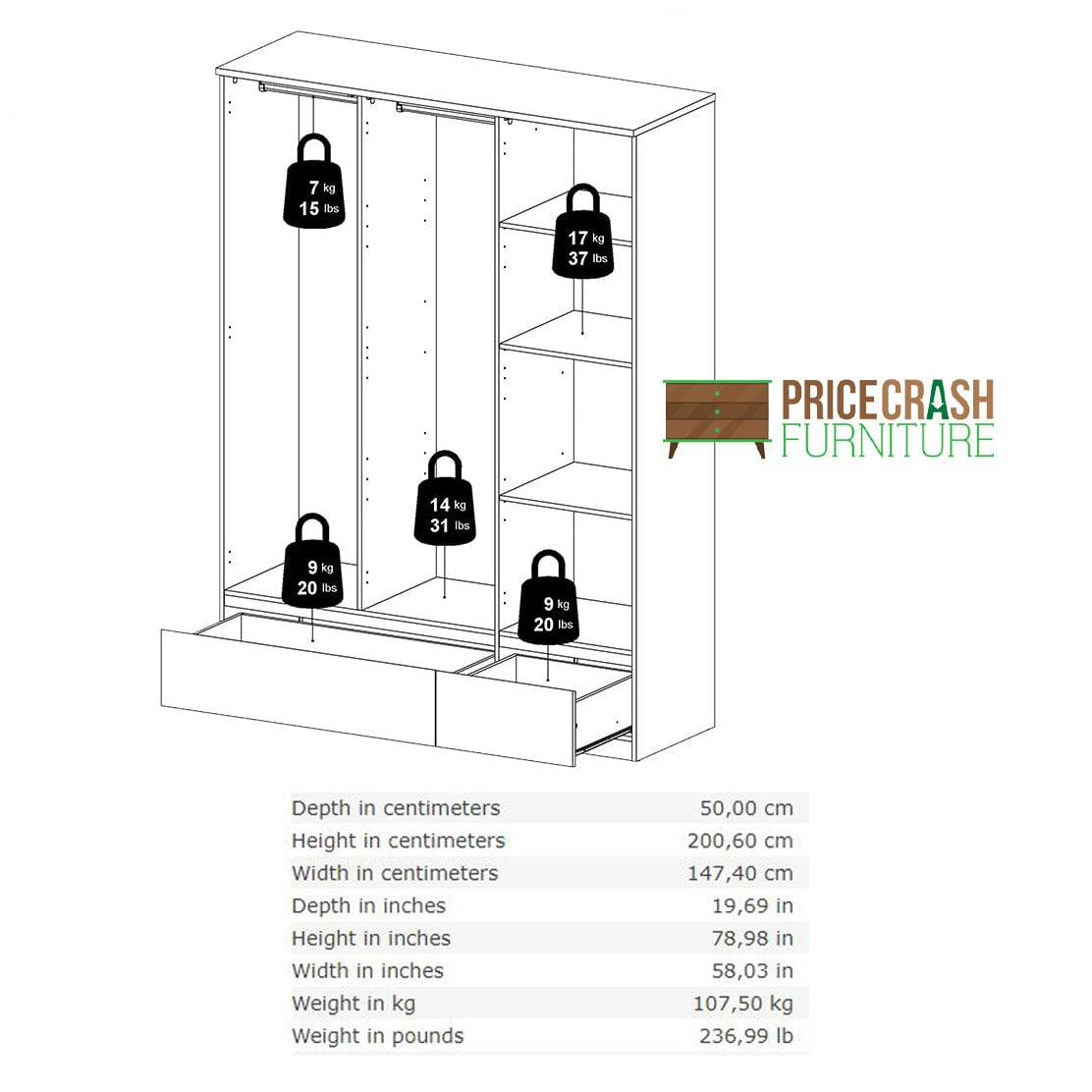 Naia 3 Door 2 Drawer Wardrobe in White High Gloss - Price Crash Furniture