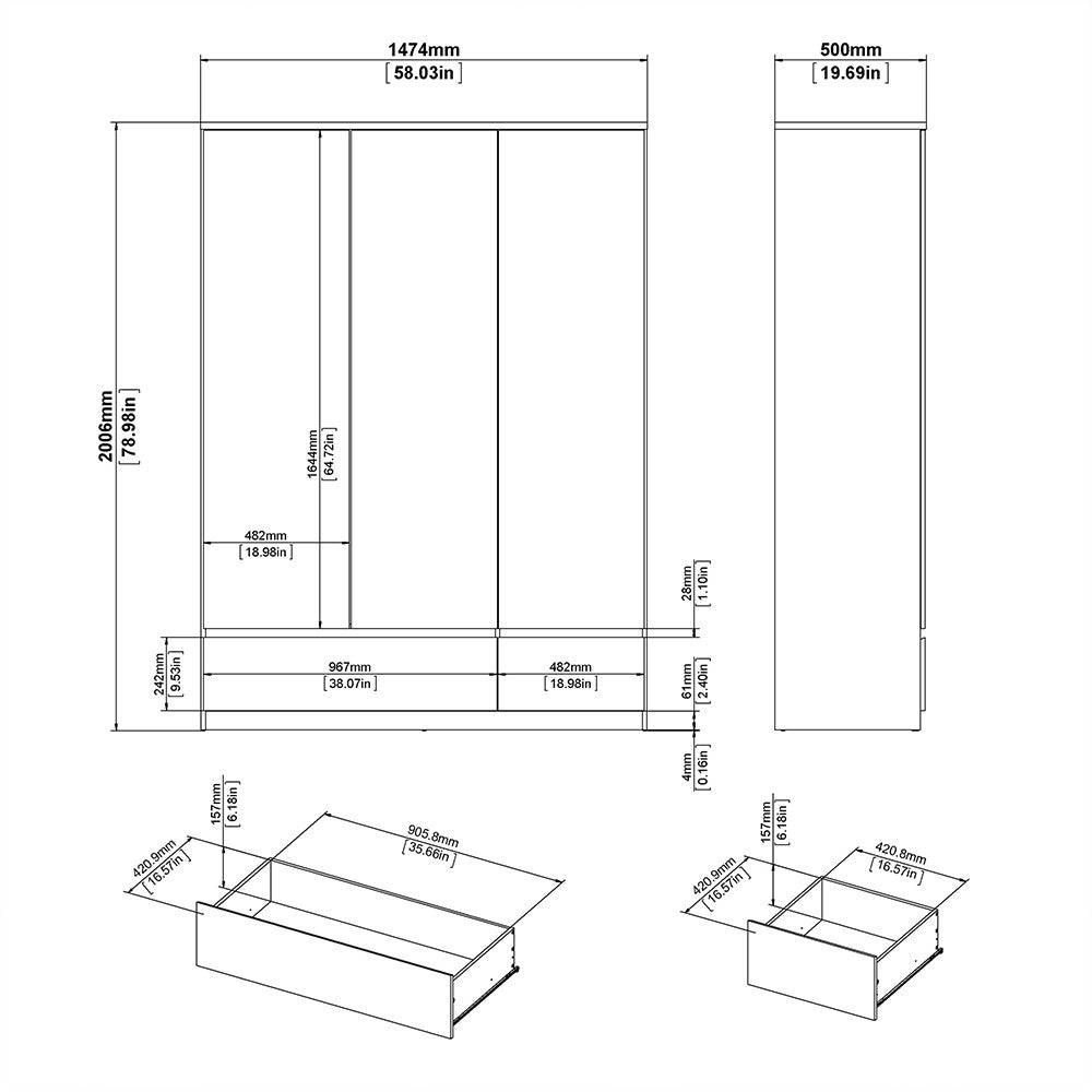 Naia 3 Door 2 Drawer Wardrobe in White High Gloss - Price Crash Furniture