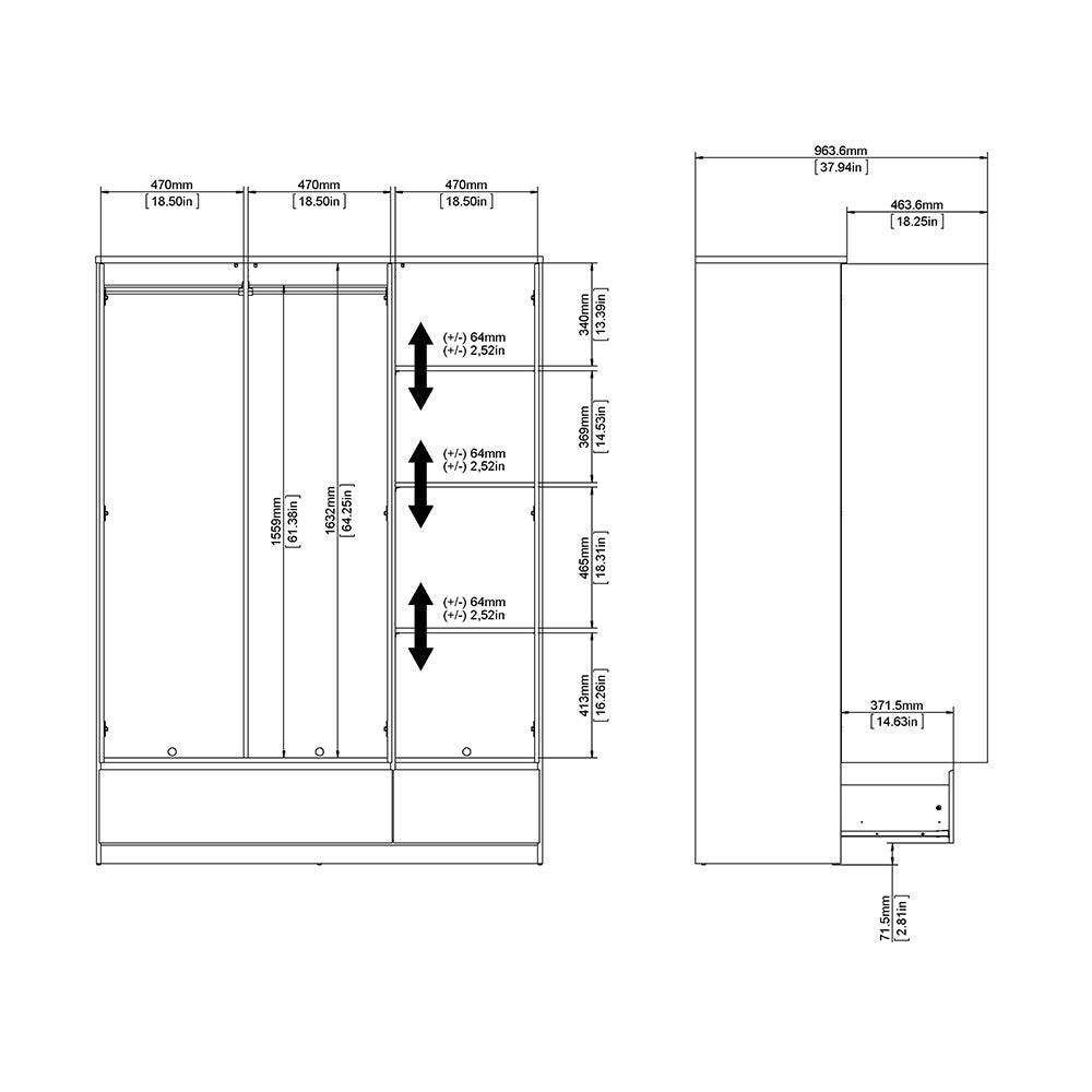 Naia 3 Door 2 Drawer Wardrobe in White High Gloss - Price Crash Furniture