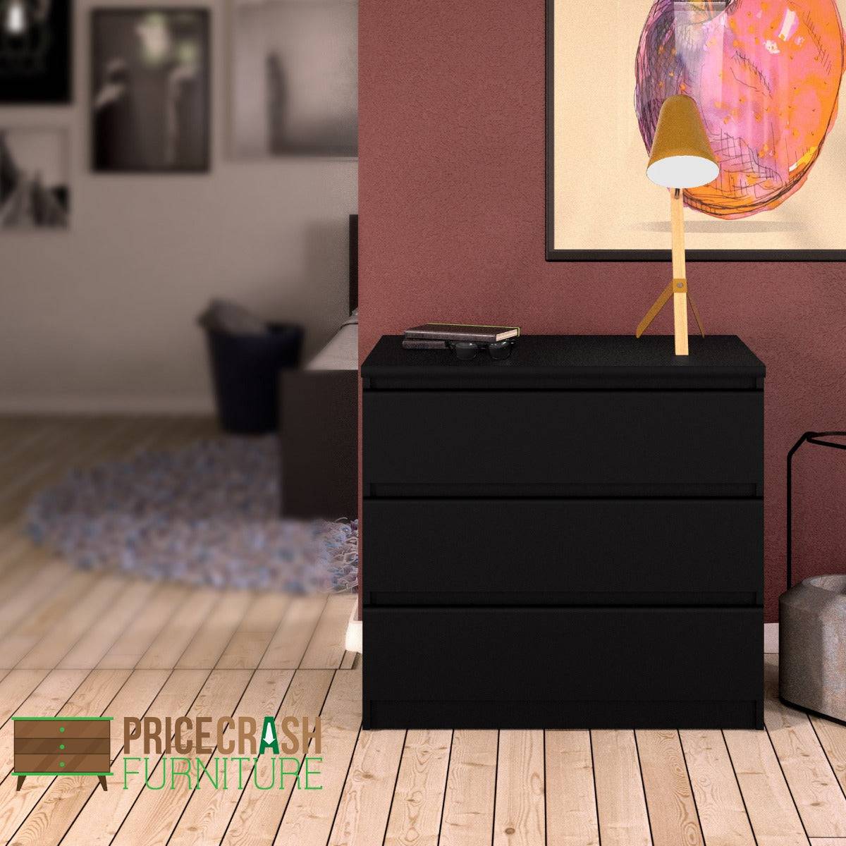 Naia 3 Drawer Chest of Drawers in Black Matt - Price Crash Furniture