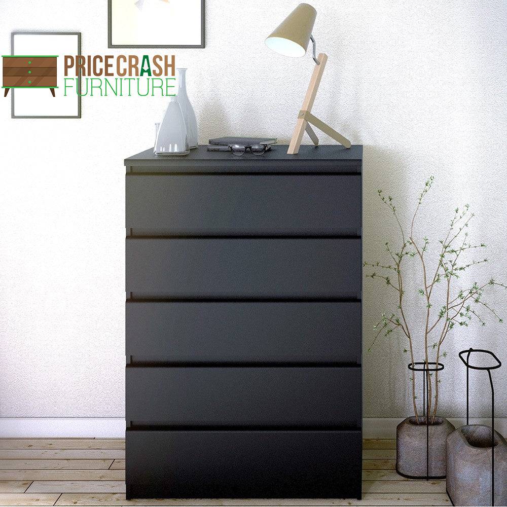 Naia 5 Drawer Chest Of Drawers in Black Matt - Price Crash Furniture