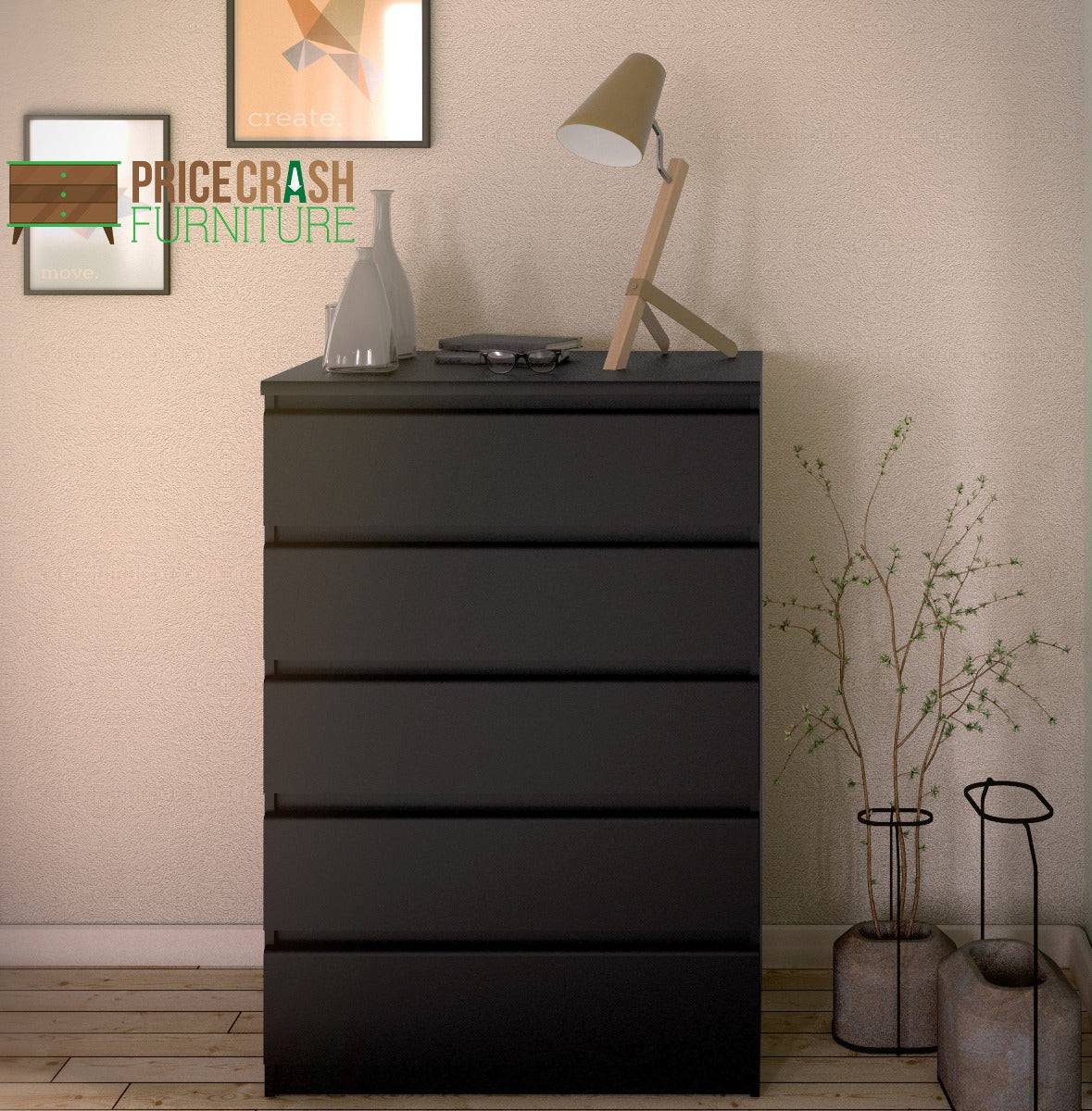 Naia 5 Drawer Chest Of Drawers in Black Matt - Price Crash Furniture