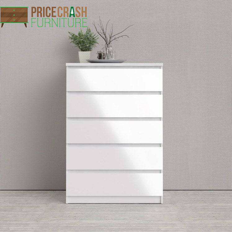 Naia 5 Drawer Chest Of Drawers in White High Gloss - Price Crash Furniture