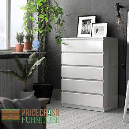 Naia 5 Drawer Chest Of Drawers in White High Gloss - Price Crash Furniture