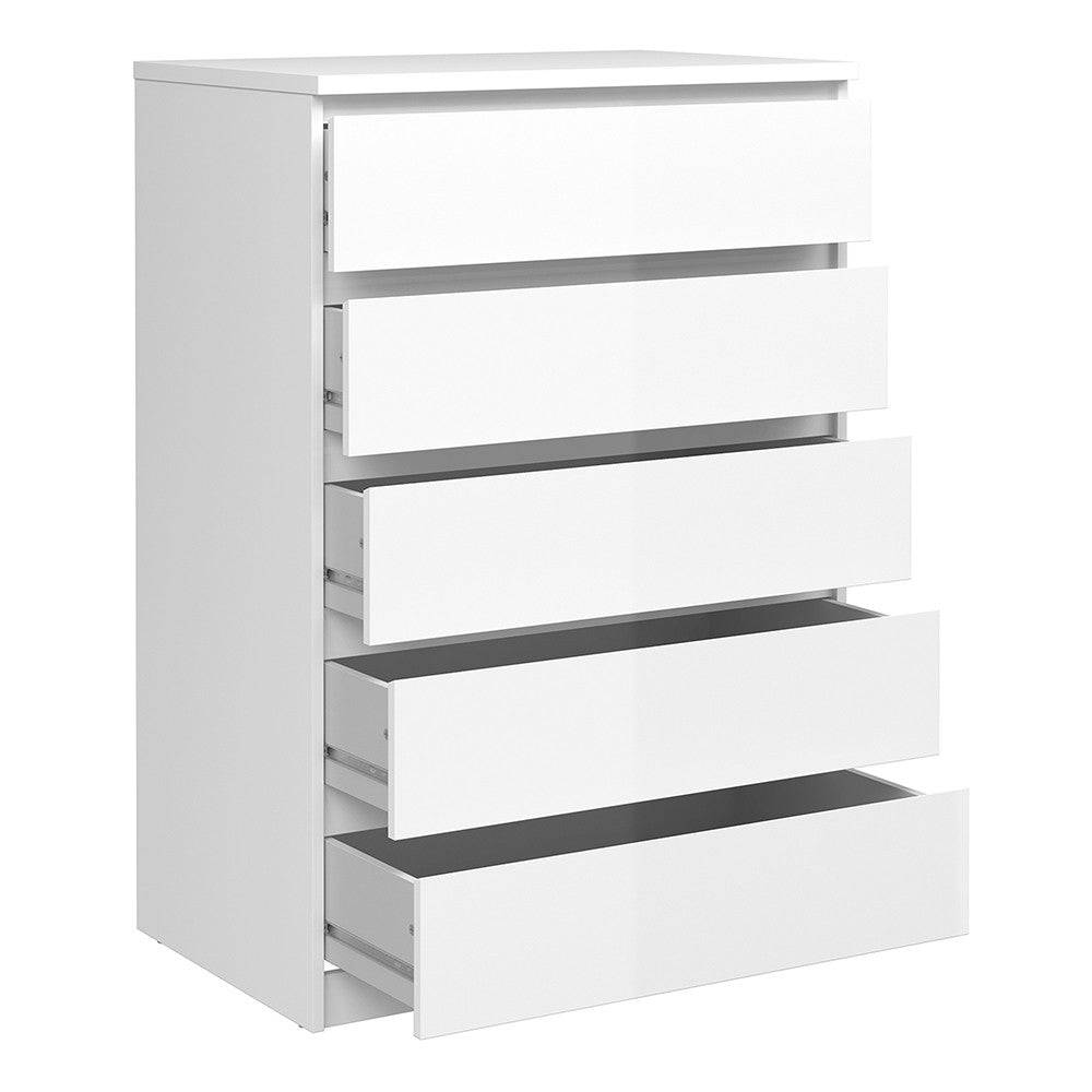 Naia 5 Drawer Chest Of Drawers in White High Gloss - Price Crash Furniture