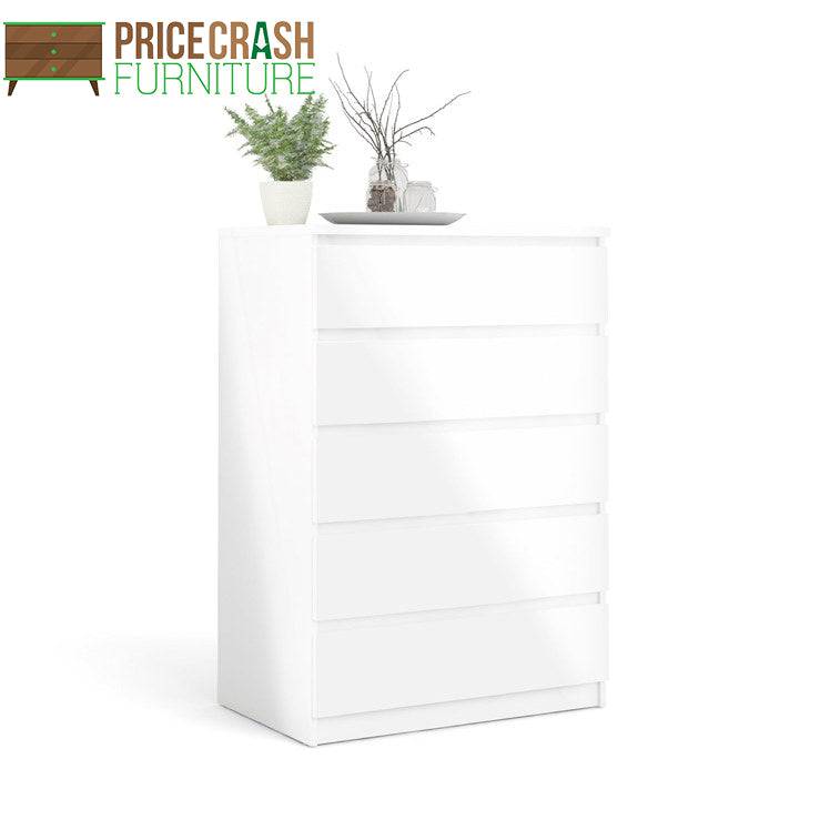 Naia 5 Drawer Chest Of Drawers in White High Gloss - Price Crash Furniture