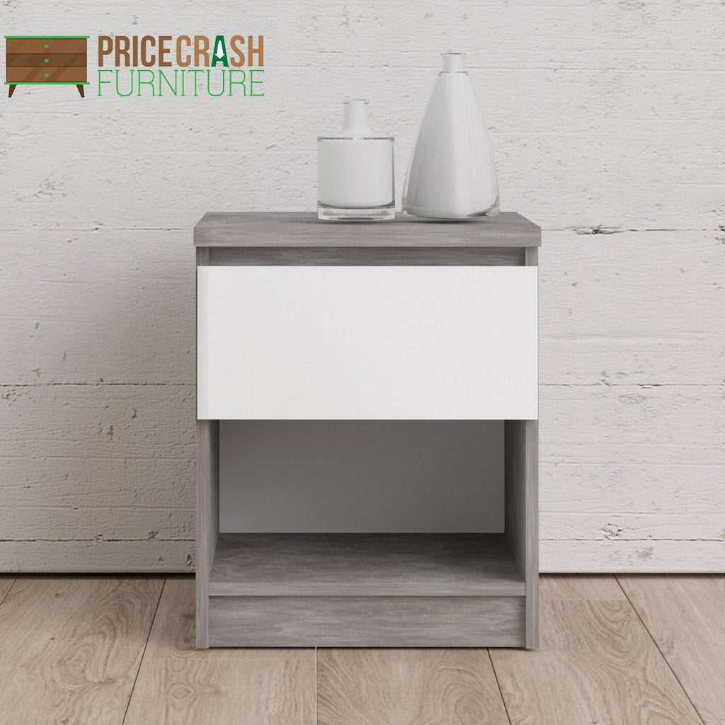 Naia Bedside Table 1 Drawer 1 Shelf in Concrete Grey and White High Gloss - Price Crash Furniture