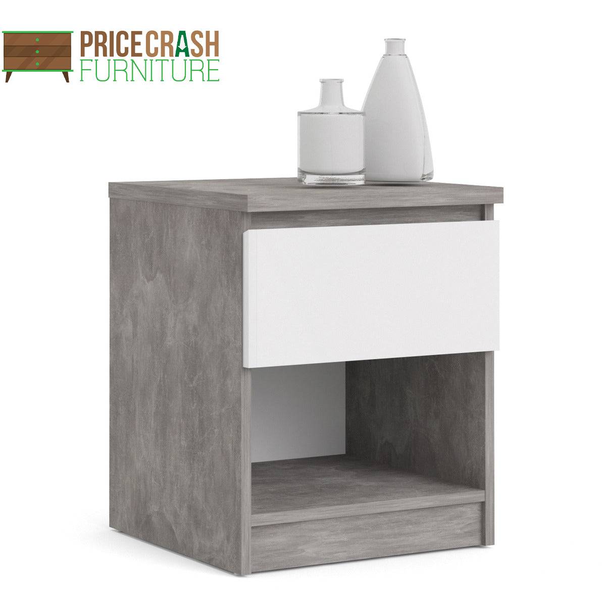 Naia Bedside Table 1 Drawer 1 Shelf in Concrete Grey and White High Gloss - Price Crash Furniture