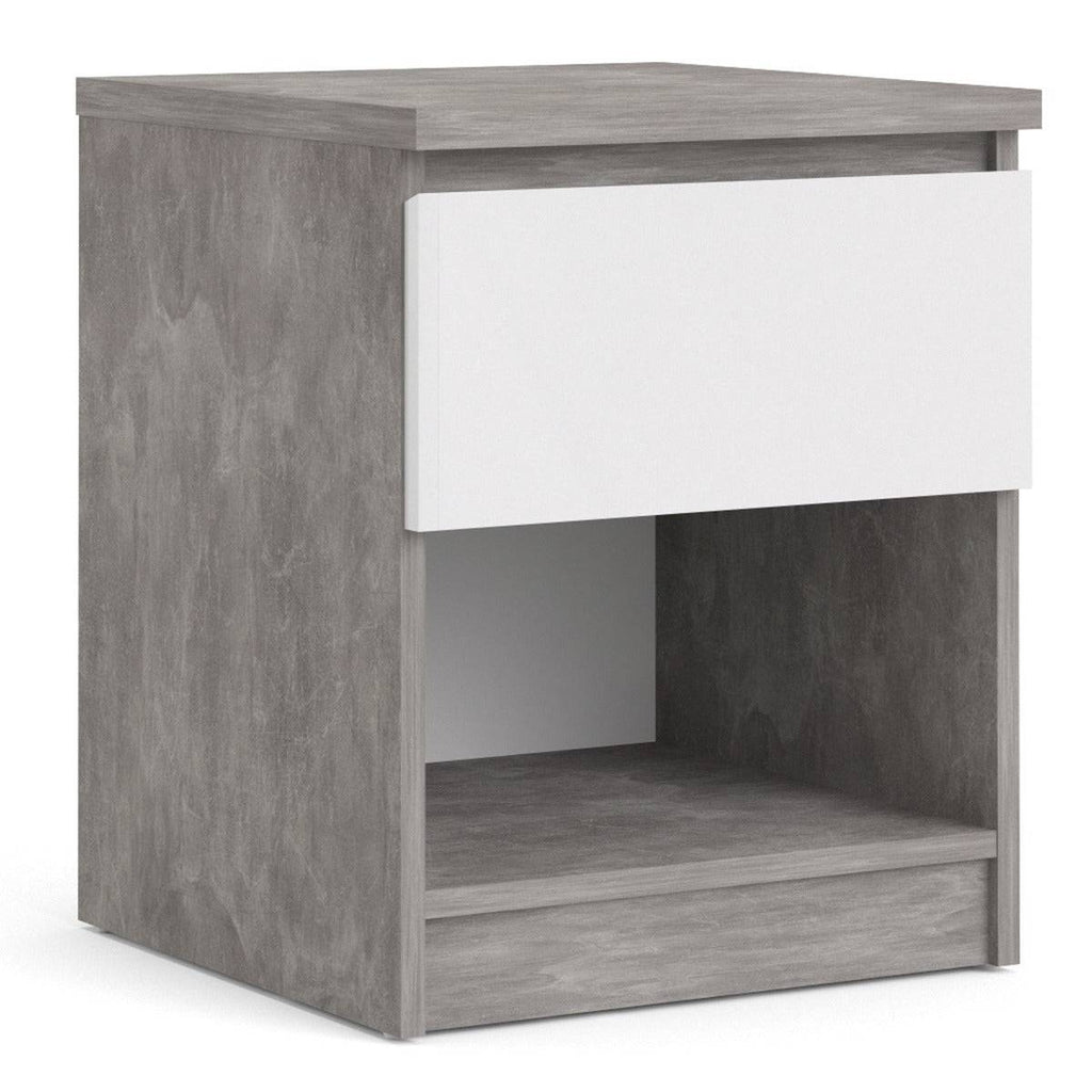 Naia Bedside Table 1 Drawer 1 Shelf in Concrete Grey and White High Gloss - Price Crash Furniture