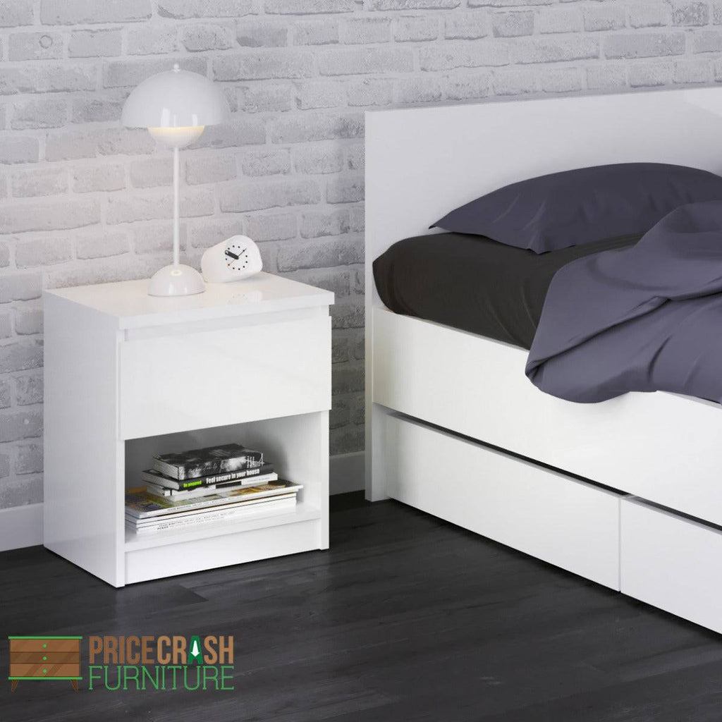 Naia Bedside Table 1 Drawer 1 Shelf in White High Gloss - Price Crash Furniture