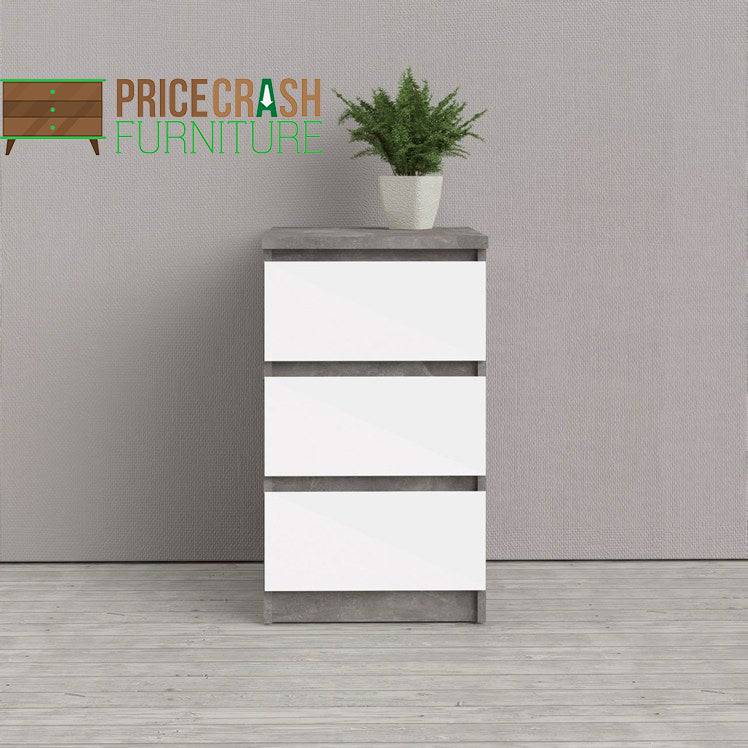 Naia Bedside Table 3 Drawers in Concrete Grey and White High Gloss - Price Crash Furniture