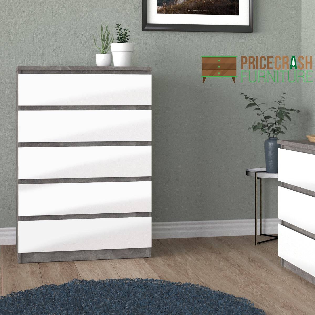 Naia Chest Of 5 Drawers in Concrete Grey and White High Gloss - Price Crash Furniture